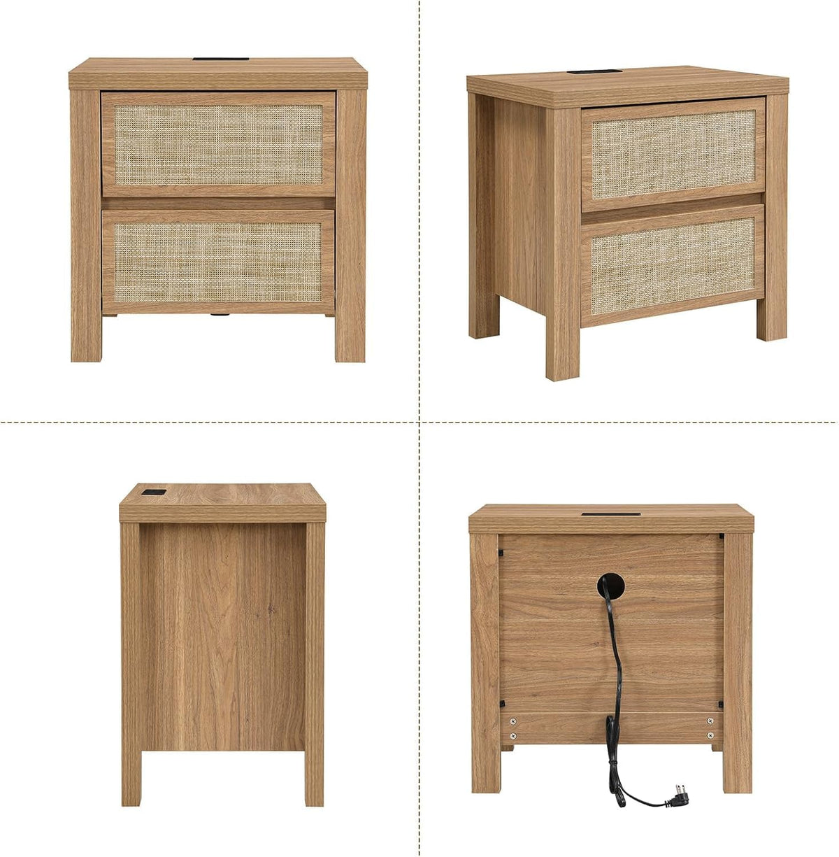 Rattan Boho Bedroom Set — Bed Frame + 2 Nightstands | Full Queen King | Natural Walnut