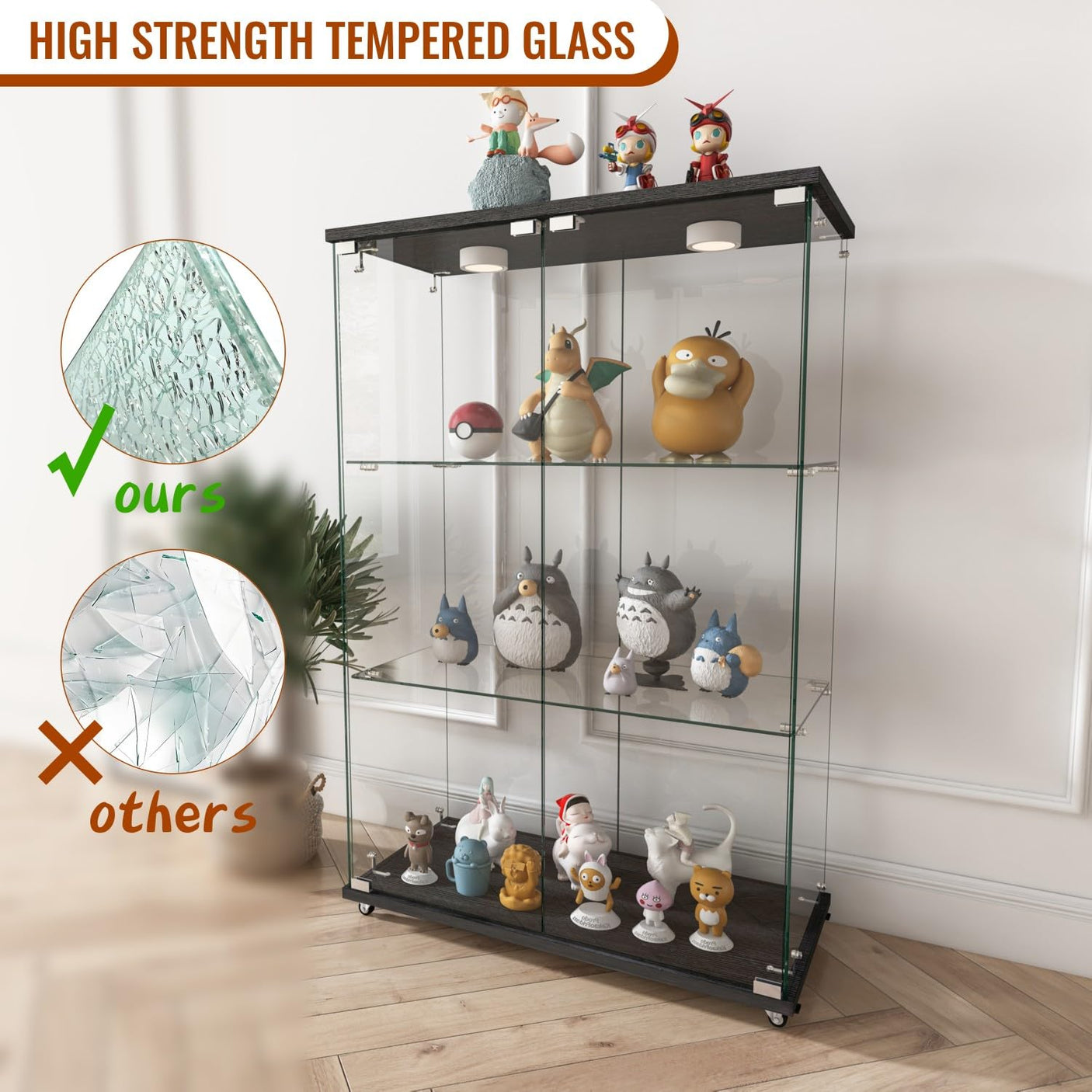 YECHEN Glass Display Cabinet with LED Lights | Tempered Glass Curio Cabinet