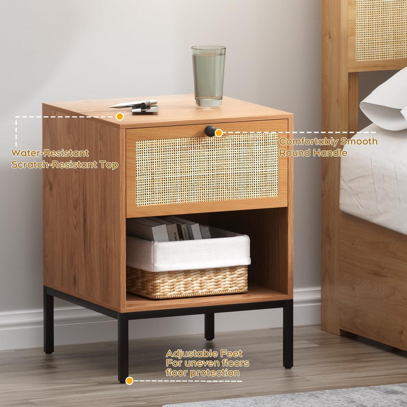 Yechen Rattan Nightstands Set of 2, 2-Drawer Boho Bedside Tables with Metal Legs