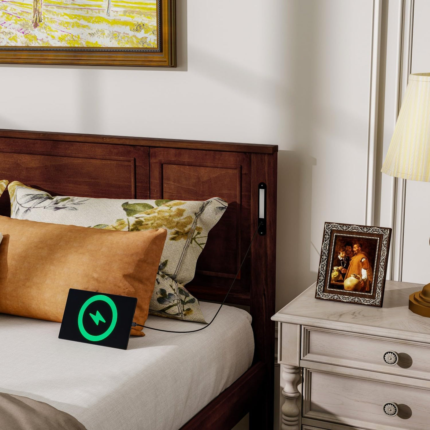 Farmhouse Bed Frame with LED Lights & Charging Station | Solid Pine Wood | Queen & King