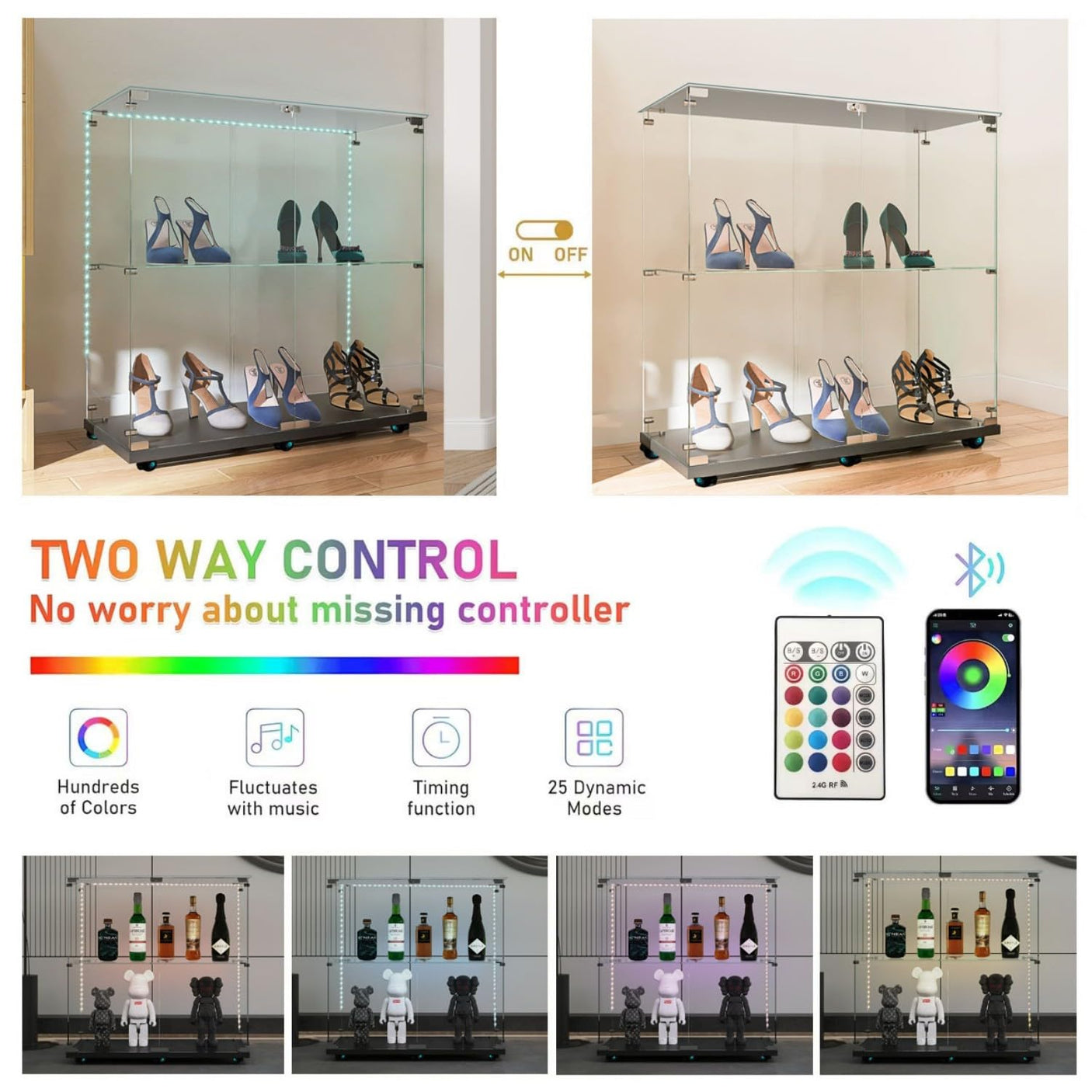 2-Tier Tempered Glass Display Cabinet with Bluetooth LED Light | Music Sync, Motion Sensor & Lockable Casters