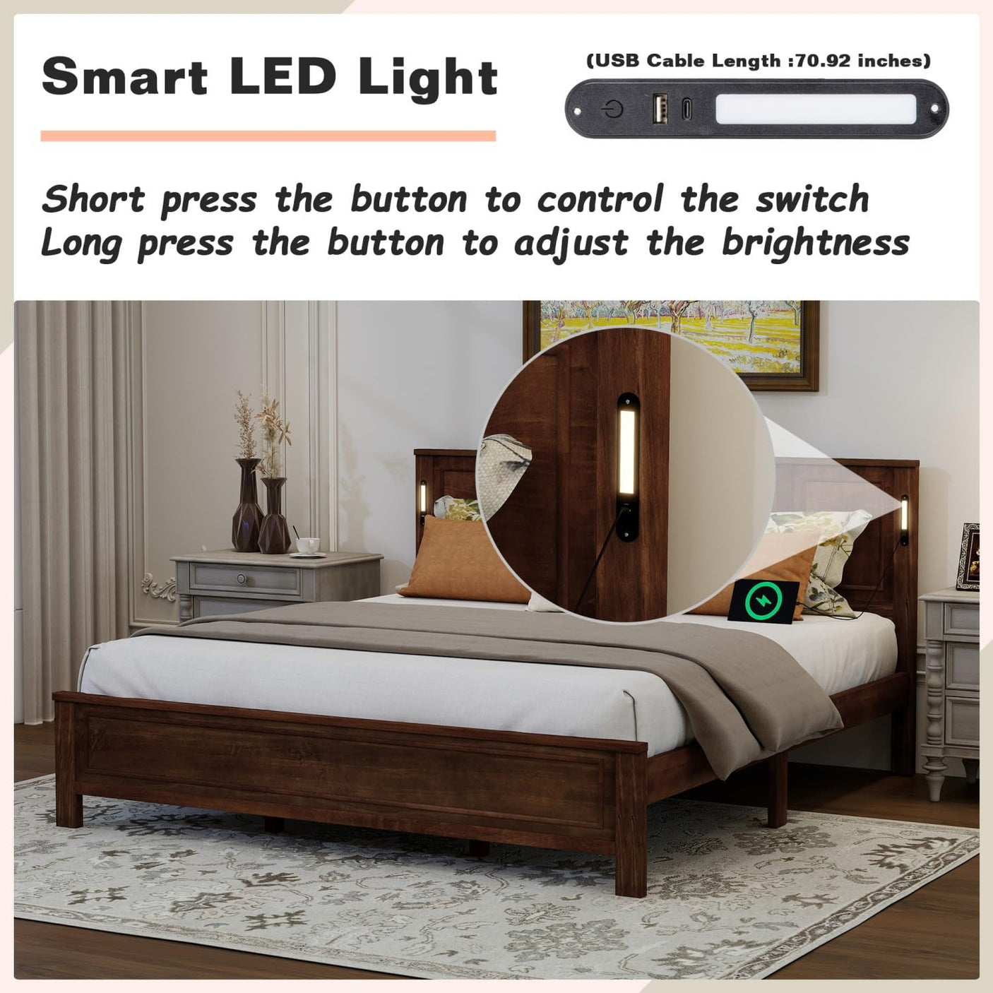 Farmhouse Bed Frame with LED Lights & Charging Station | Solid Pine Wood | Queen & King