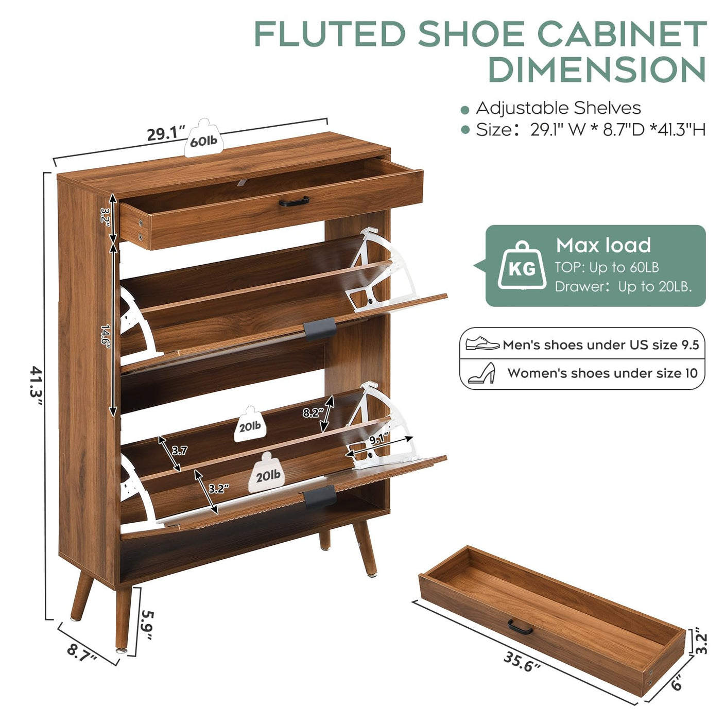 Slim Fluted Shoe Cabinet with Flip Drawers | Entryway Shoe Organizer | Walnut & Natural Oak