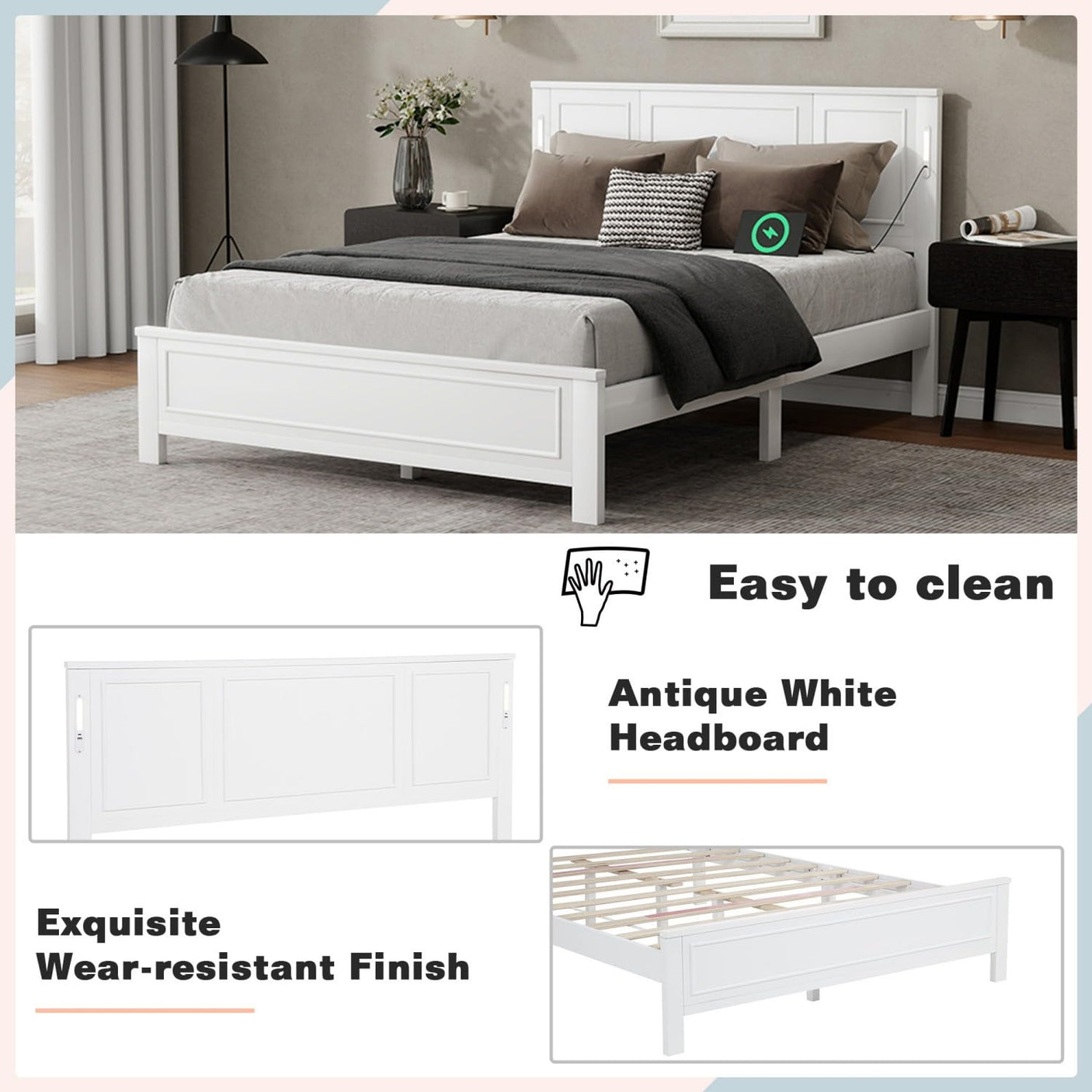 Farmhouse Bed Frame with LED Lights & Charging Station | Solid Pine Wood | Queen & King