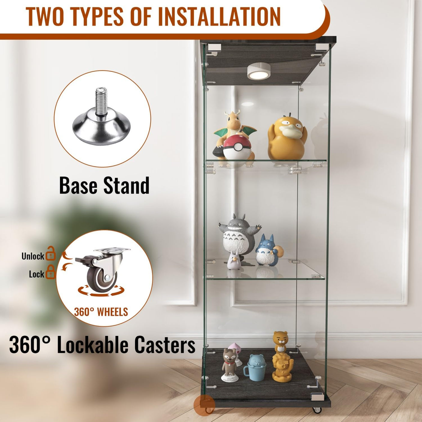YECHEN Glass Display Cabinet with LED Lights | Tempered Glass Curio Cabinet