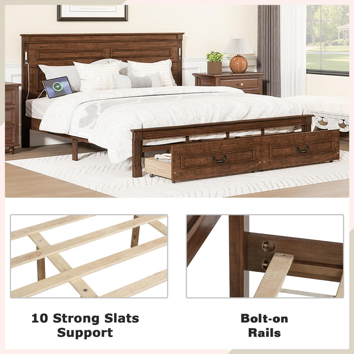 Farmhouse Bed Frame with Storage Drawers & LED Lights | Solid Pine Wood