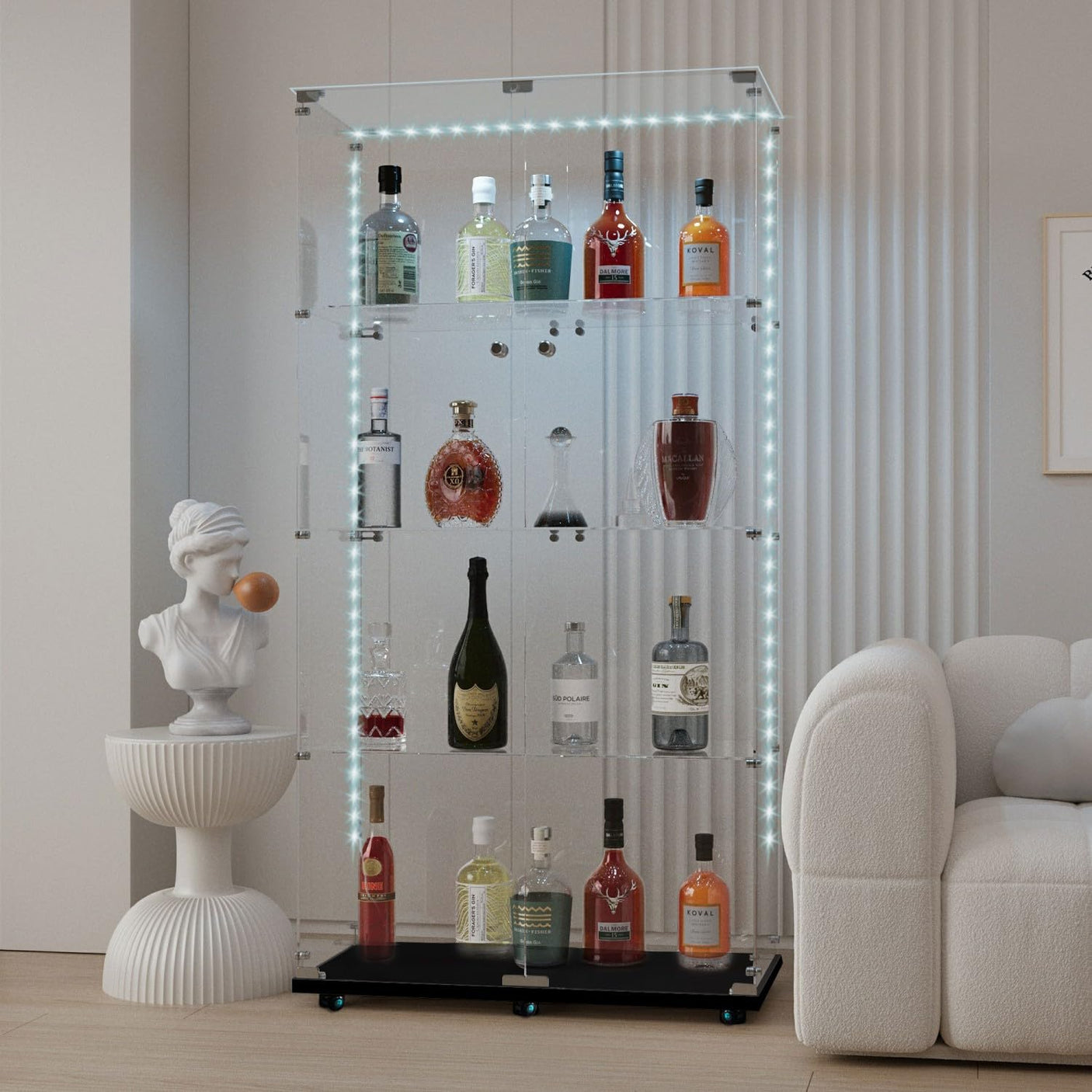 YECHEN 65" Smart Glass Display Cabinet | Bluetooth LED Lights, Music Sync & Swivel Casters – 4-Tier Curio Cabinet