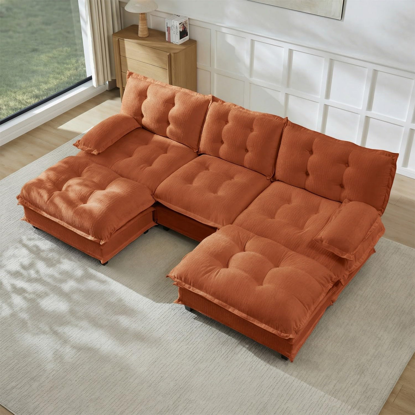 Modular Sectional Sofa with Cloud Cushions | Chenille Fabric | 2/3/4 Seater with Ottoman Options