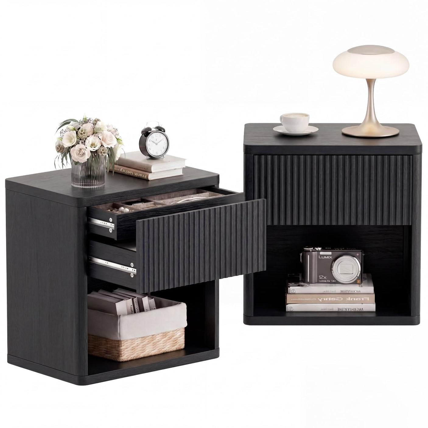 Yechen Fluted Nightstand | 22.8" Wide Mid-Century Bedside Table with Hidden Drawer & Open Shelf