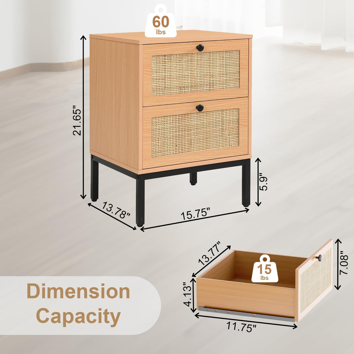 Yechen Rattan Nightstands Set of 2, 2-Drawer Boho Bedside Tables with Metal Legs
