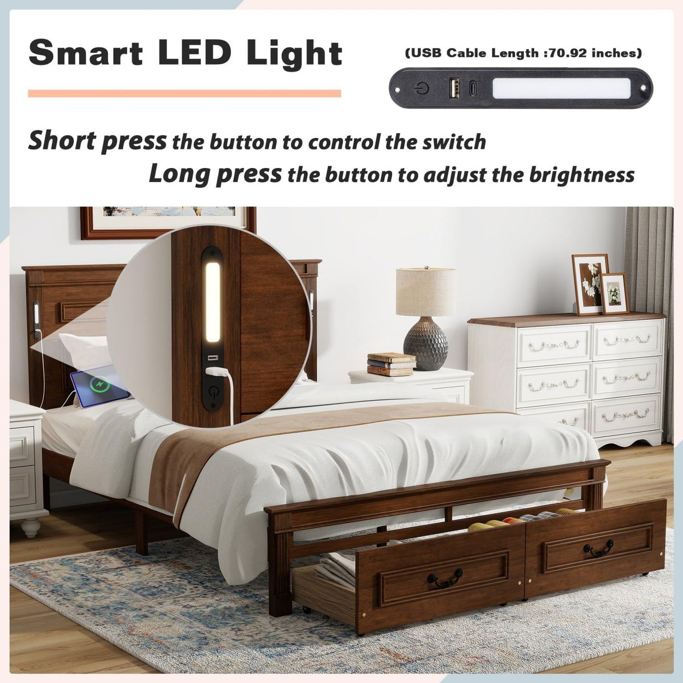 Farmhouse Bed Frame with Storage Drawers & LED Lights | Solid Pine Wood