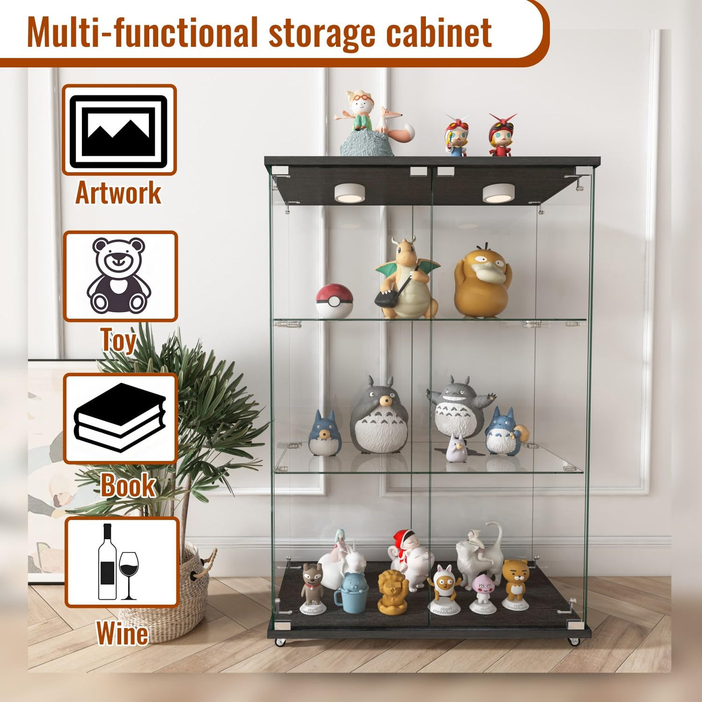 YECHEN Glass Display Cabinet with LED Lights | Tempered Glass Curio Cabinet
