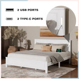 Farmhouse Bed Frame with LED Lights & Charging Station | Solid Pine Wood | Queen & King