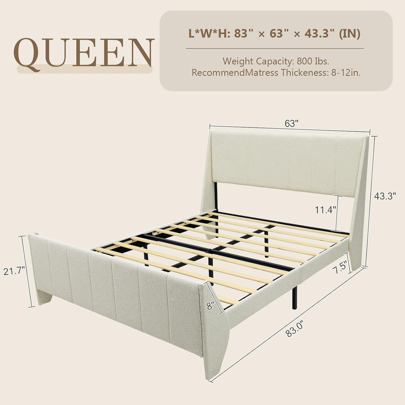 Yechen Boucle Wingback Bed Frame – Upholstered Enclosed Headboard, Full & Queen