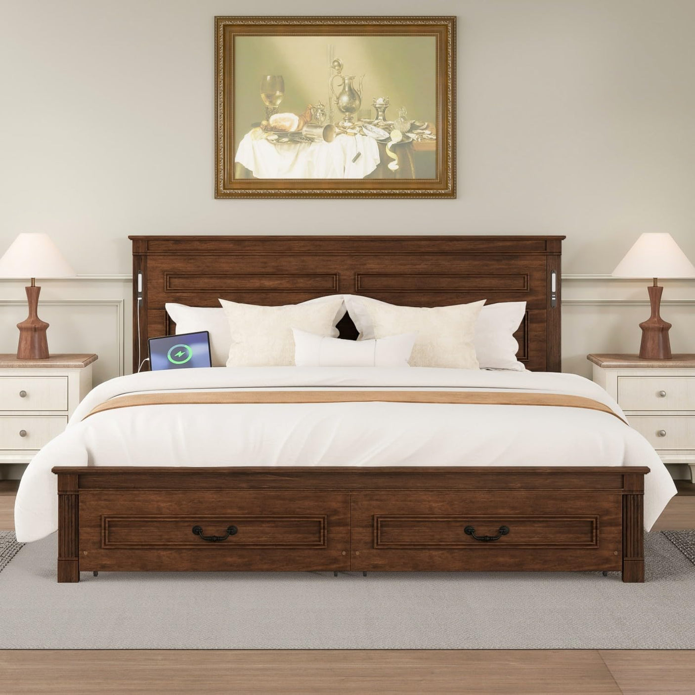 Farmhouse Bed Frame with Storage Drawers & LED Lights | Solid Pine Wood