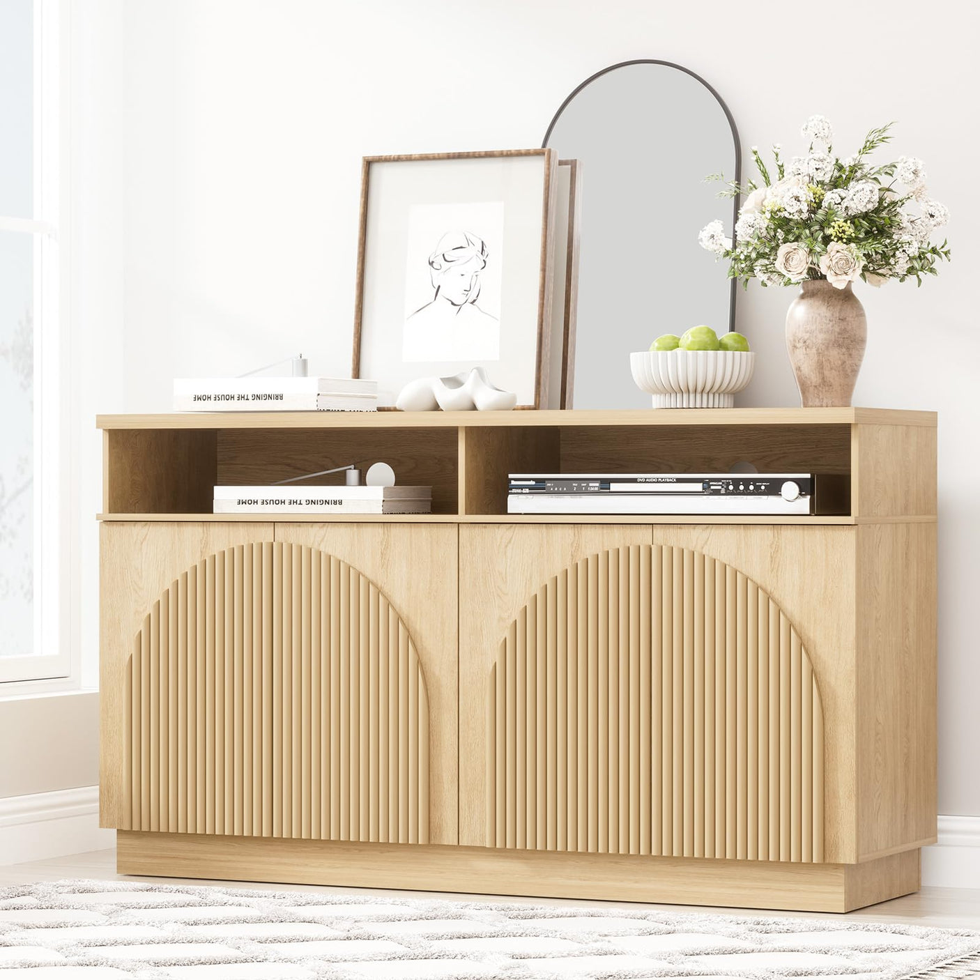 Fluted Sideboard Buffet Cabinet with Arched Reeded Doors - Mid Century Modern Storage