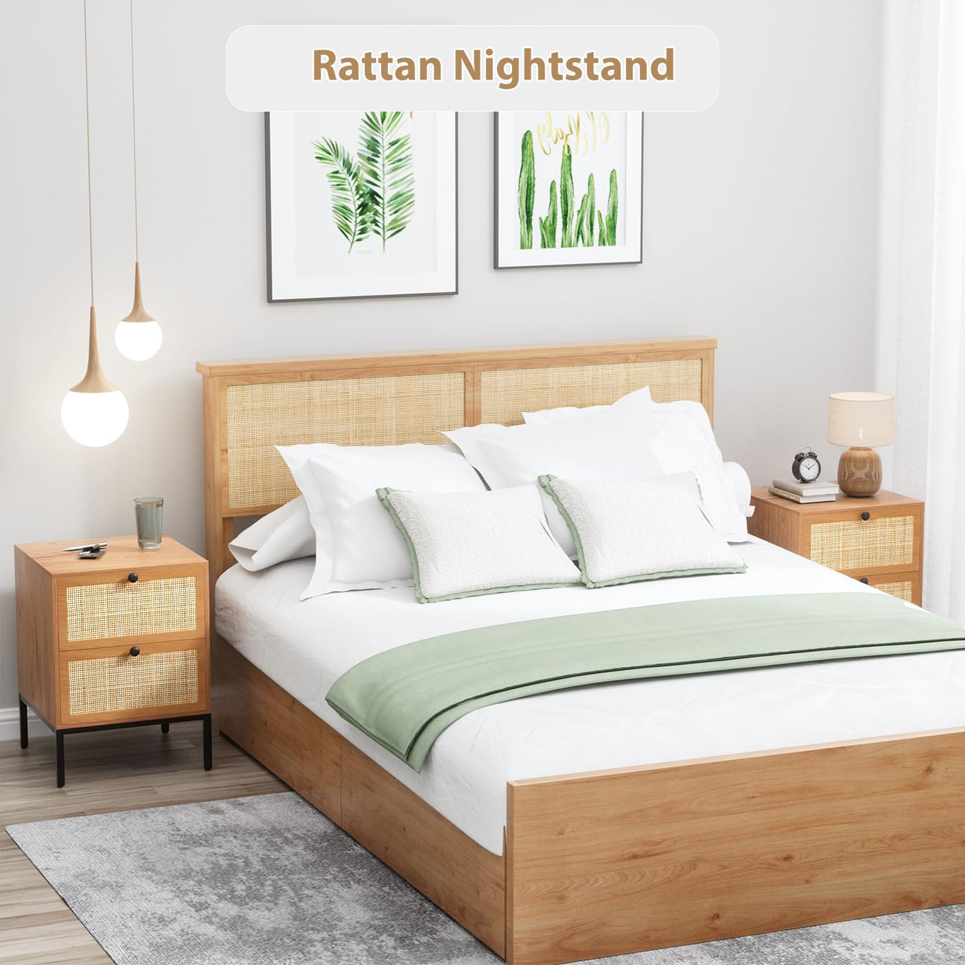 Yechen Rattan Nightstands Set of 2, 2-Drawer Boho Bedside Tables with Metal Legs