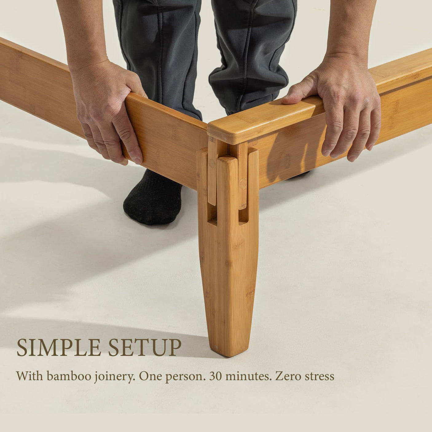 Yechen Bamboo Bed Frame – Japanese Joinery, Linen Headboard, Queen & King