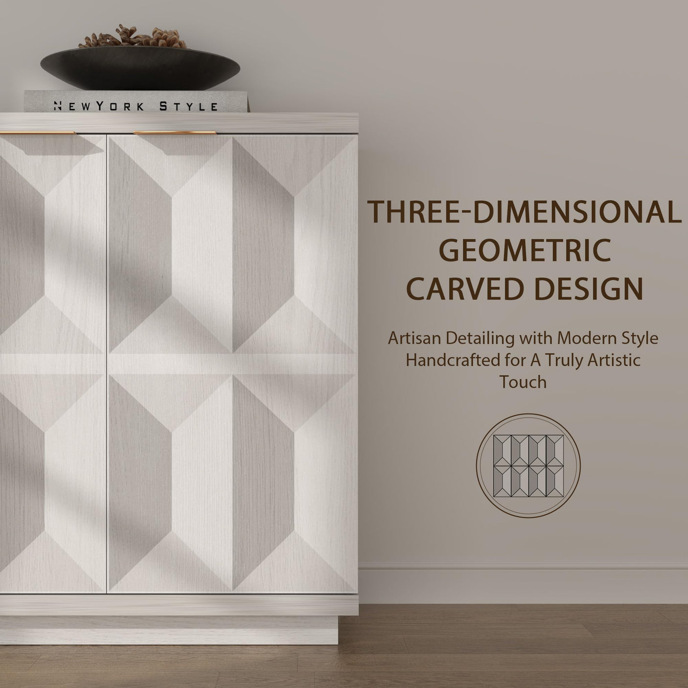 Yechen 59" Walnut Sideboard – Modern 3D Geometric Buffet Cabinet