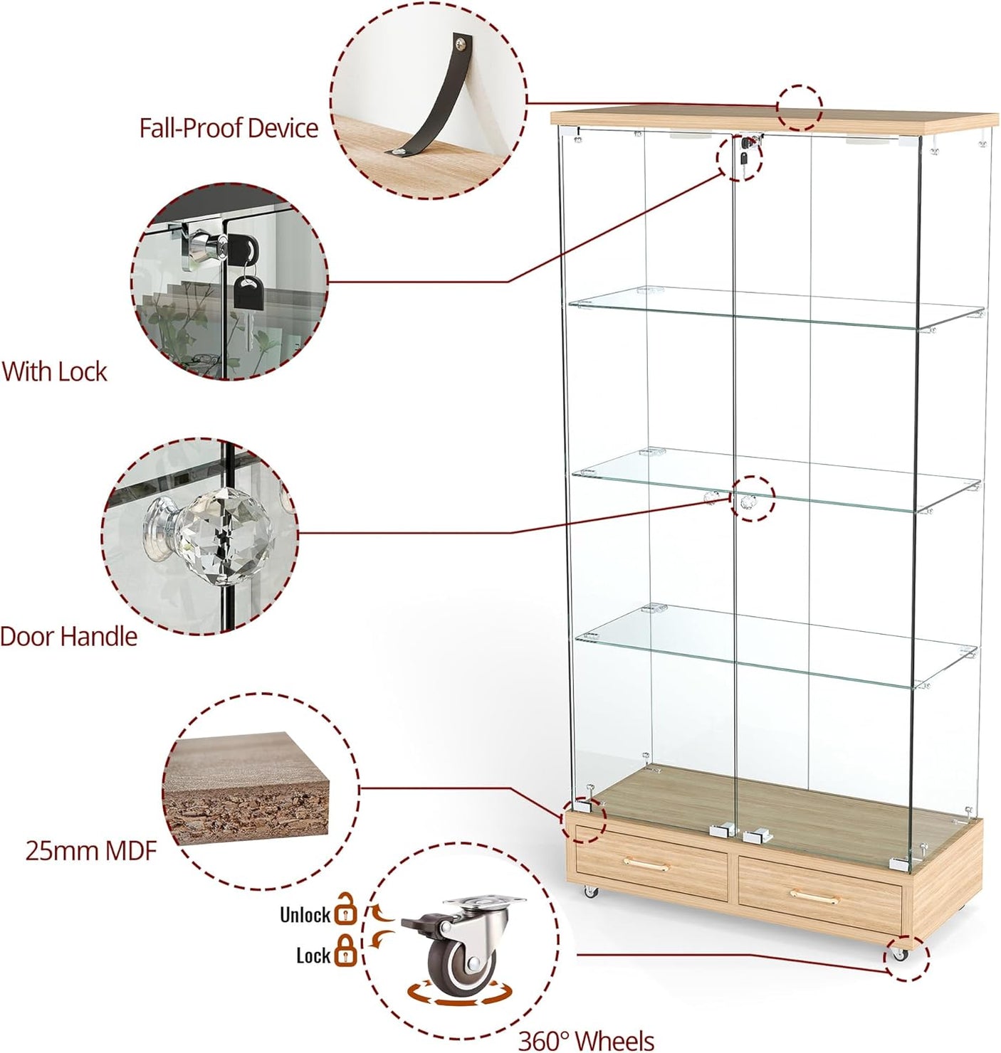 YECHEN Glass Display Cabinet with LED Lights | Double-Door Curio Cabinet with 2 Drawers