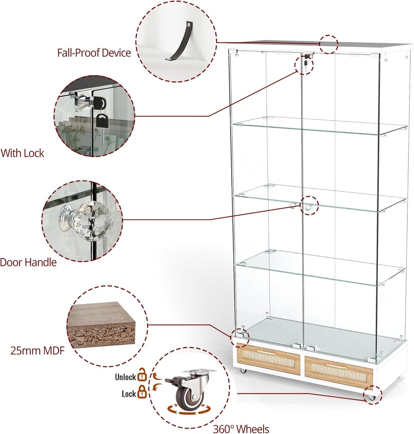YECHEN Glass Display Cabinet with LED Lights | Double-Door Curio Cabinet with 2 Drawers