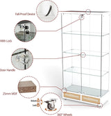 YECHEN Glass Display Cabinet with LED Lights | Double-Door Curio Cabinet with 2 Drawers