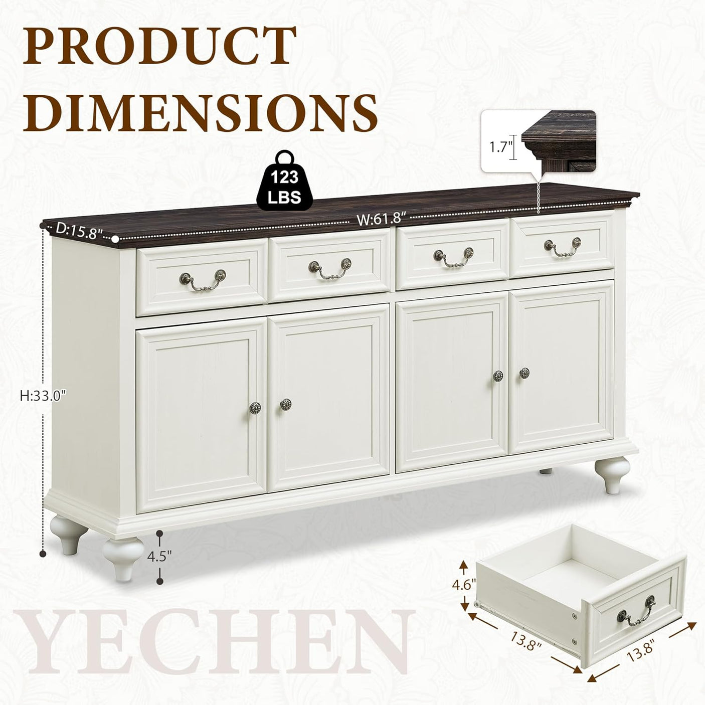 62" Large Farmhouse Buffet Cabinet with 4 Drawers & 4 Doors