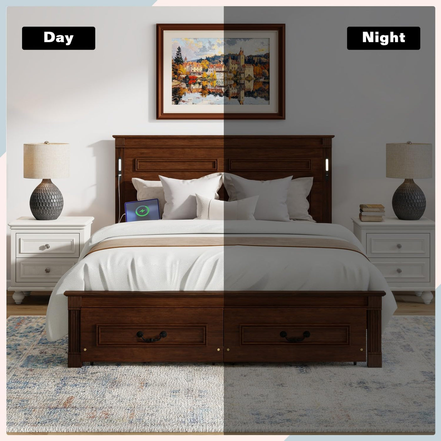 Farmhouse Bed Frame with Storage Drawers & LED Lights | Solid Pine Wood