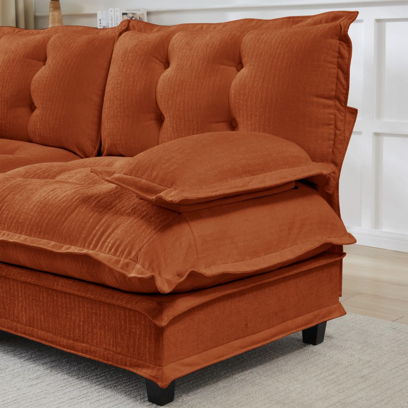 Modular Sectional Sofa with Cloud Cushions | Chenille Fabric | 2/3/4 Seater with Ottoman Options