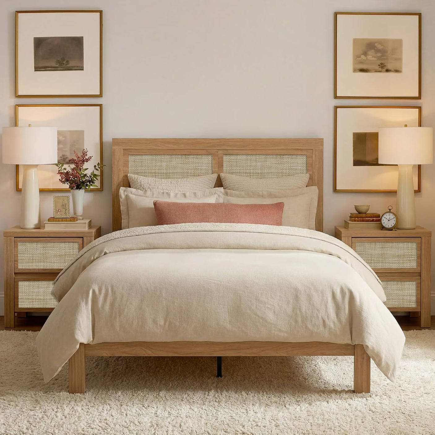 Rattan Boho Bedroom Set — Bed Frame + 2 Nightstands | Full Queen King | Natural Walnut