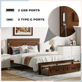 Farmhouse Bed Frame with Storage Drawers & LED Lights | Solid Pine Wood