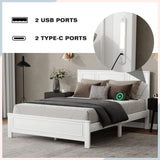 Farmhouse Bed Frame with LED Lights & Charging Station | Solid Pine Wood | Queen & King