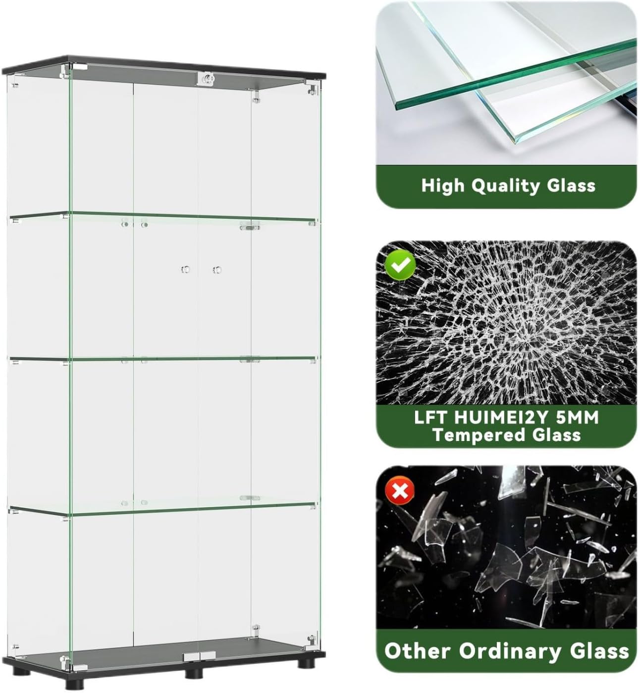 YECHEN Glass Display Cabinet with 5-Shelf | Tempered Glass Curio Cabinet with Lock, Double Doors & Anti-Topple Device