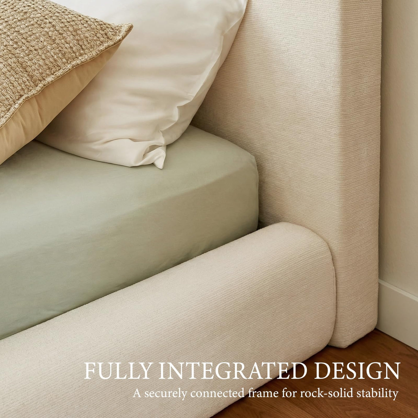 Yechen Cloud Bed Frame | Ribbed Chenille Upholstered Bed with 5.9" Padded Headboard | Queen & King