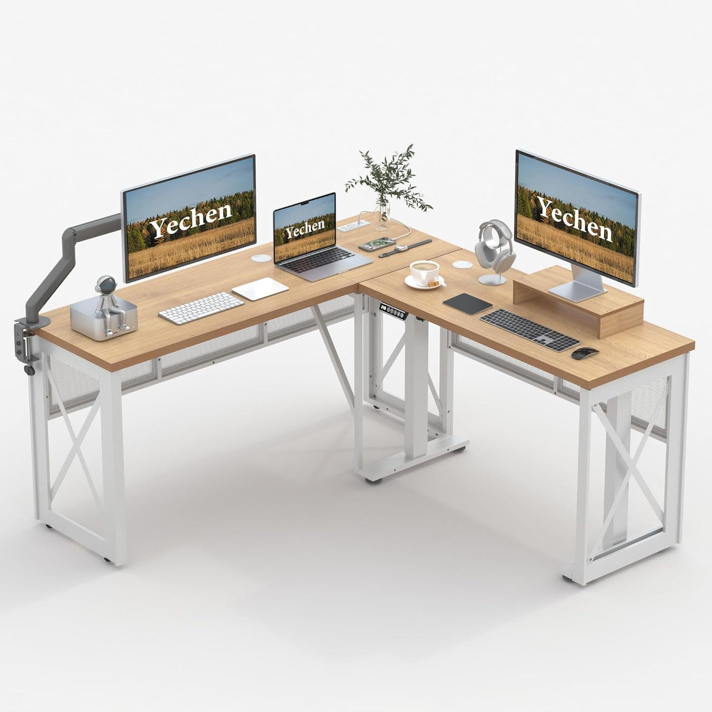 L-Shaped Standing Adjustable Desk, 4-in-1 Power Strip