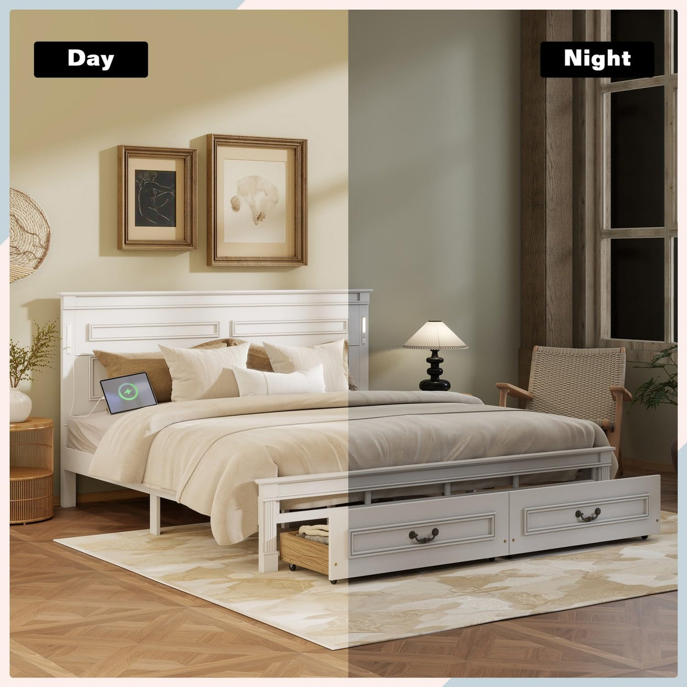 Farmhouse Bed Frame with Storage Drawers & LED Lights | Solid Pine Wood