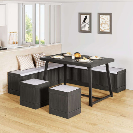 47 Inch Corner Dining Table Set with Storage Stool and Storage Bench