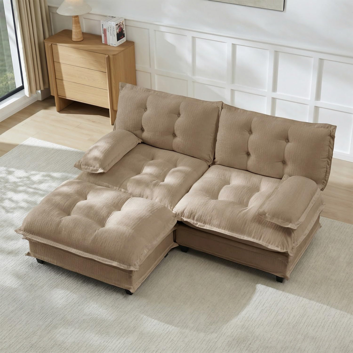 Modular Sectional Sofa with Cloud Cushions | Chenille Fabric | 2/3/4 Seater with Ottoman Options