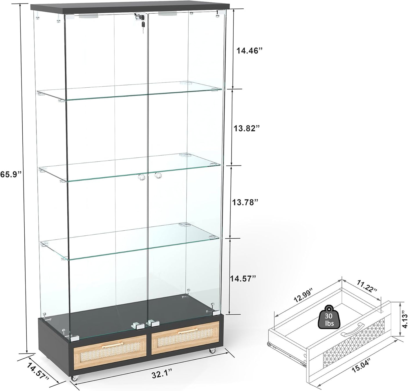 YECHEN Glass Display Cabinet with LED Lights | Double-Door Curio Cabinet with 2 Drawers