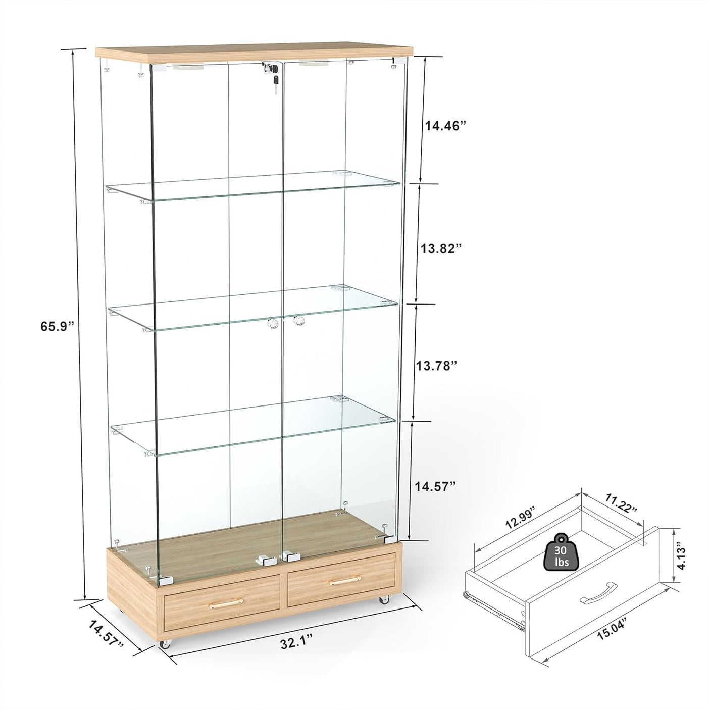 YECHEN Glass Display Cabinet with LED Lights | Double-Door Curio Cabinet with 2 Drawers