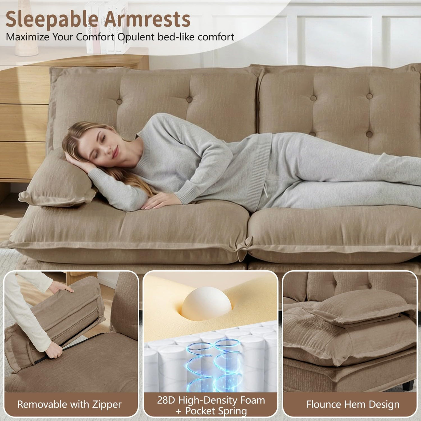 Modular Sectional Sofa with Cloud Cushions | Chenille Fabric | 2/3/4 Seater with Ottoman Options