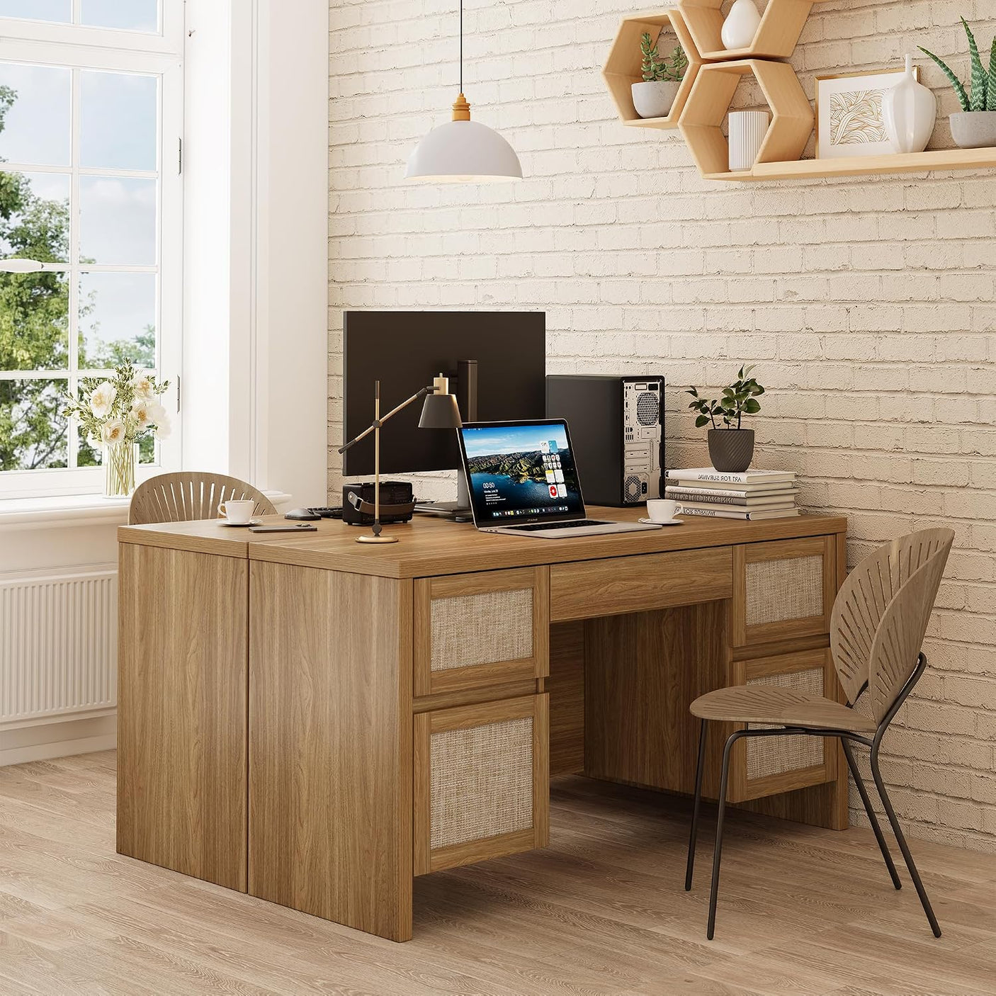 57" Rattan Executive Desk with Charging Station | 5-Drawer Home Office Desk | Farmhouse Walnut Brown | Yechen Home