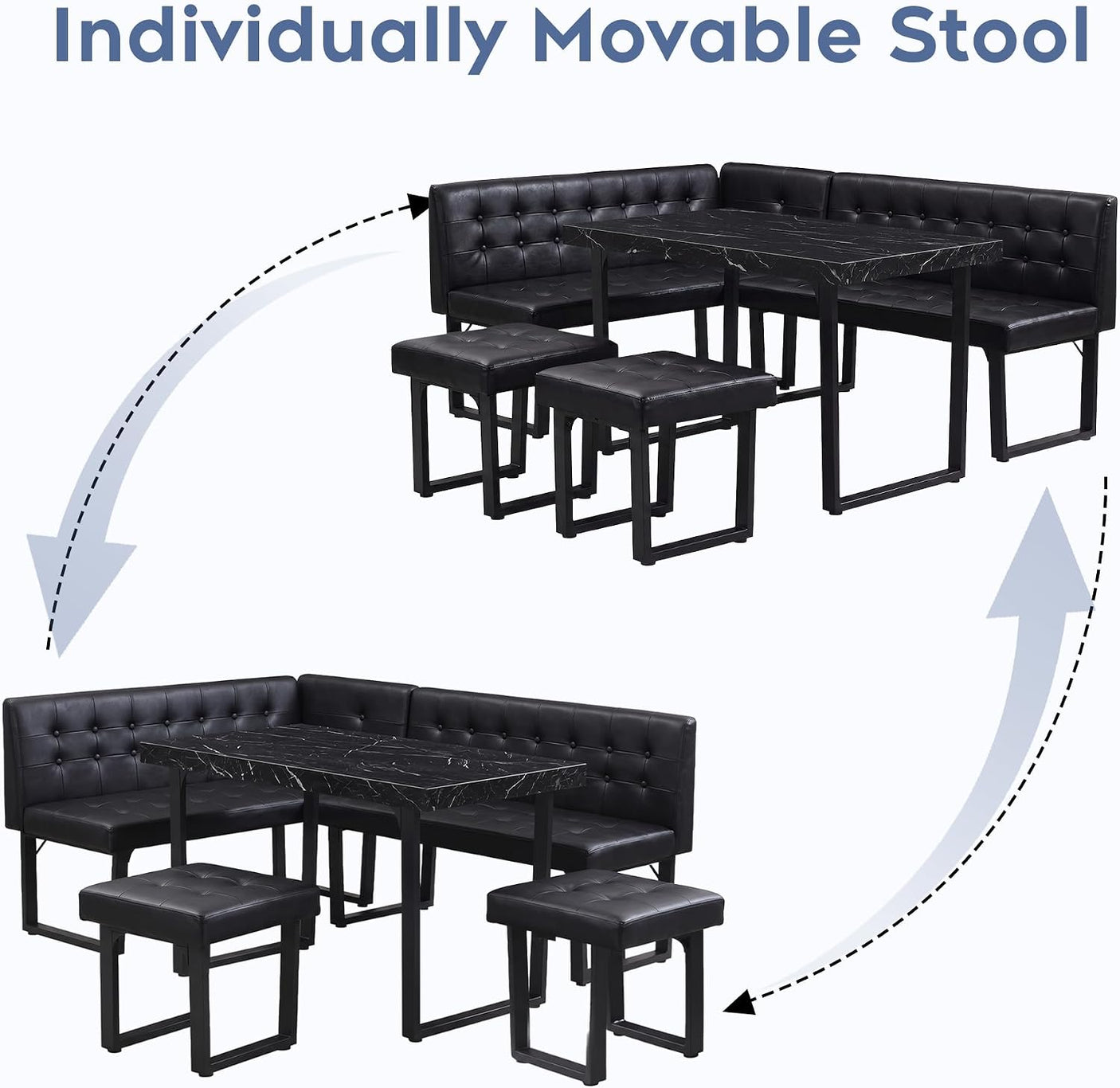 72" Corner Breakfast Nook Set | 5-Piece Dining Set with Storage Bench | Modern Black