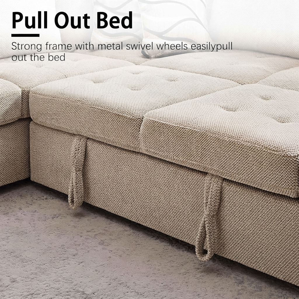 Yechen 123" U-Shaped Sectional Sleeper Sofa with Pull-Out Bed & Storage Chaise, 6-Seater