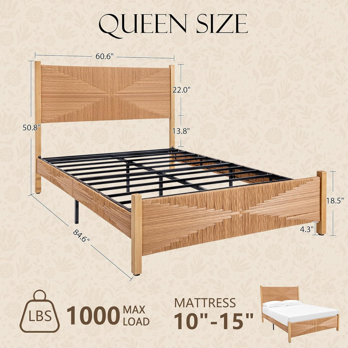 Yechen Solid Wood Rattan Bed Frame | Tall Headboard, Boho Mid-Century Style, No Box Spring Needed