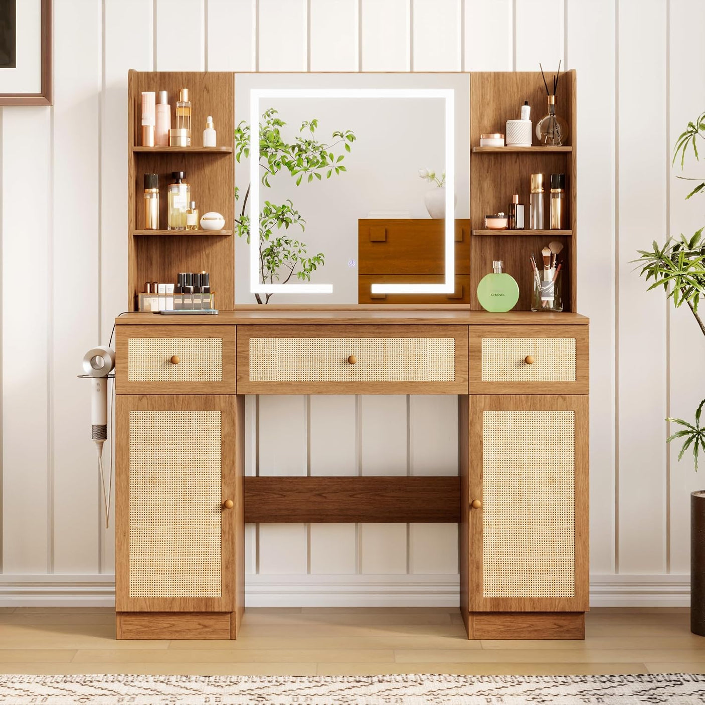 Yechen 43" Boho Makeup Vanity Desk with Sliding LED Mirror & Built-in Power Strip, Modern Rattan Dressing Table Set with Cushioned Stool for Bedroom