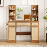 Yechen 43" Boho Makeup Vanity Desk with Sliding LED Mirror & Built-in Power Strip, Modern Rattan Dressing Table Set with Cushioned Stool for Bedroom