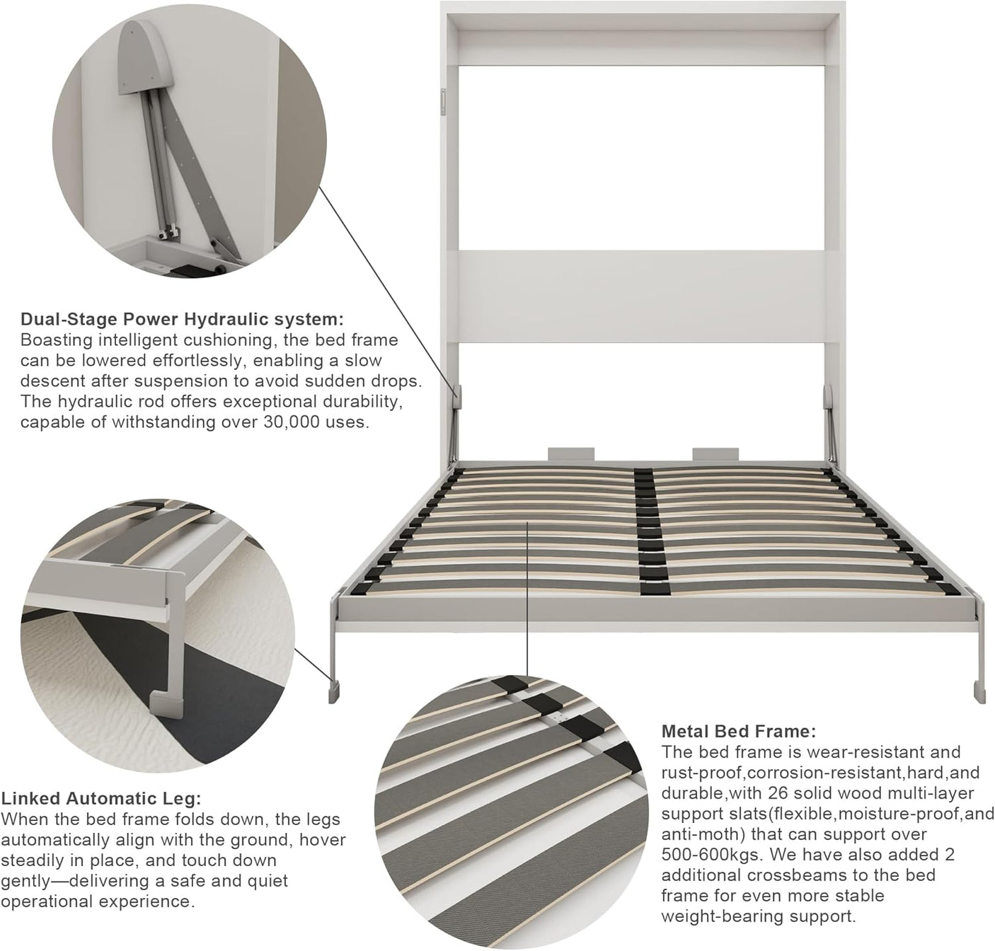 Queen Murphy Bed | White Wall Bed with Grey Slat Frame | Space-Saving Foldable Bed | Yechen Home