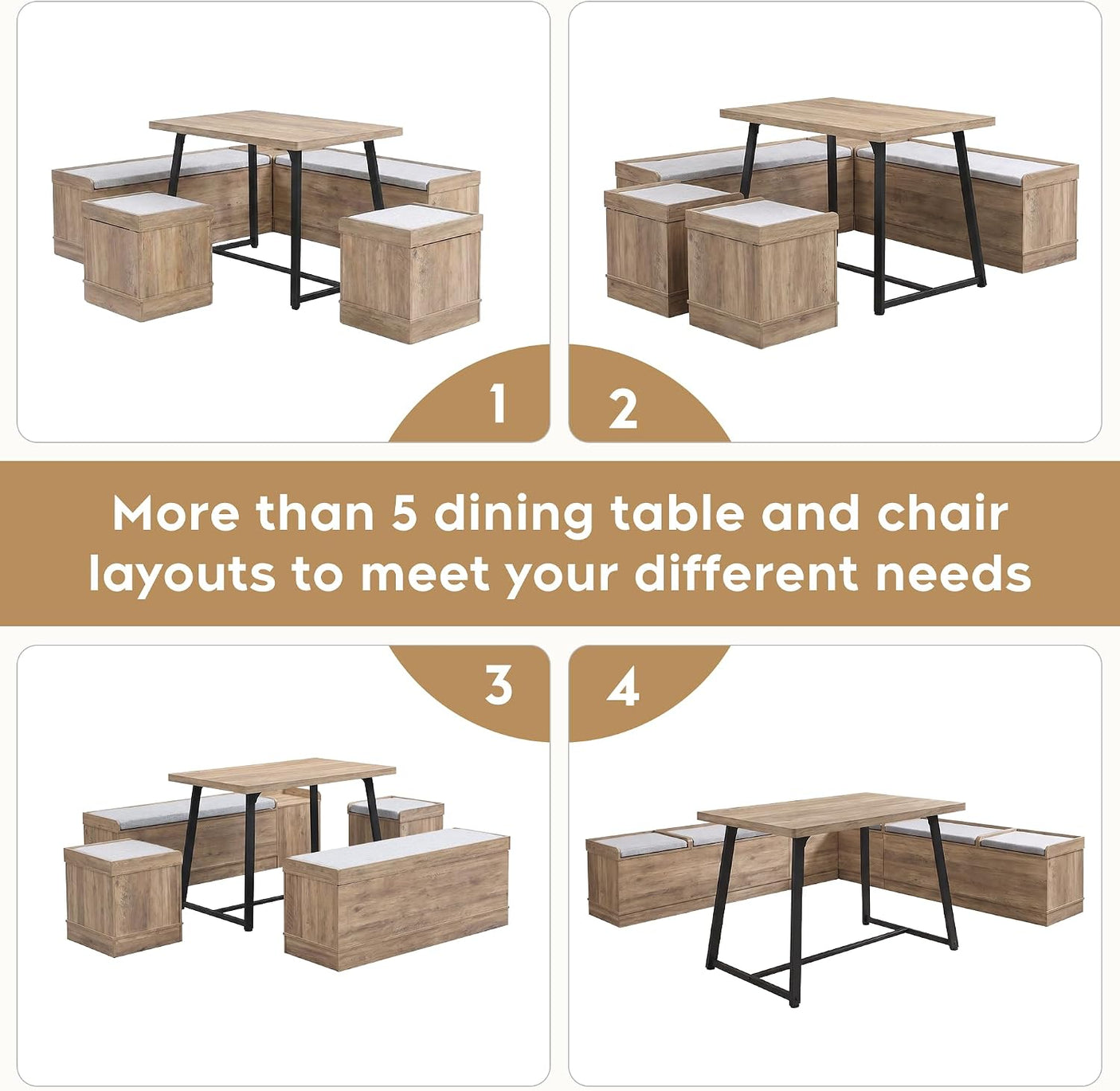47 Inch Corner Dining Table Set with Storage Stool and Storage Bench