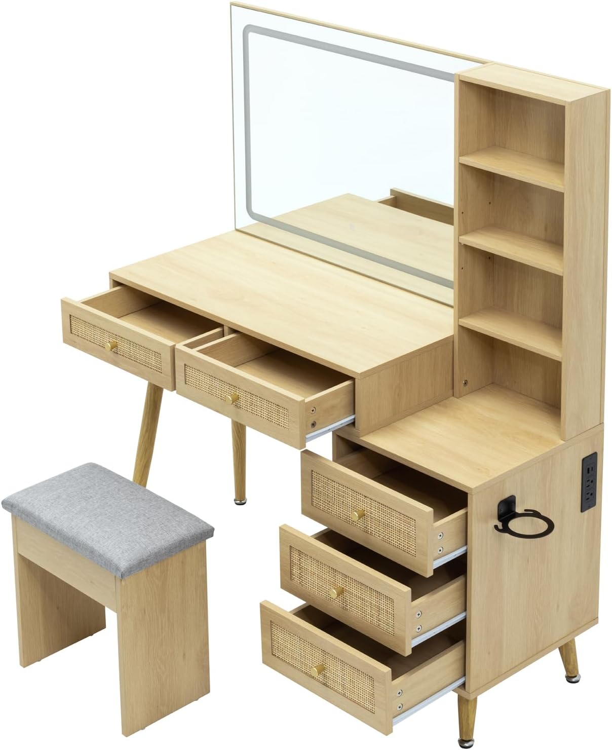 Rattan Makeup Vanity Set with Lighted Mirror & Stool | 43.3" | 5 Drawers | Charging Station | Natural Wood or Mint